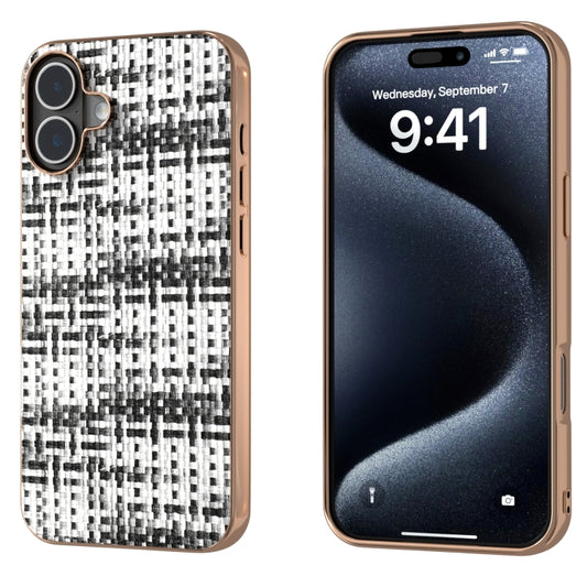 For iPhone 16 Plus Electroplated Frame Color Lattice Texture PU Phone Case(Black) - iPhone 16 Plus Cases by buy2fix | Online Shopping UK | buy2fix