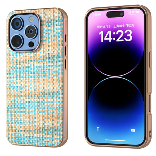 For iPhone 16 Pro Max Electroplated Frame Color Lattice Texture PU Phone Case(Blue) - iPhone 16 Pro Max Cases by buy2fix | Online Shopping UK | buy2fix