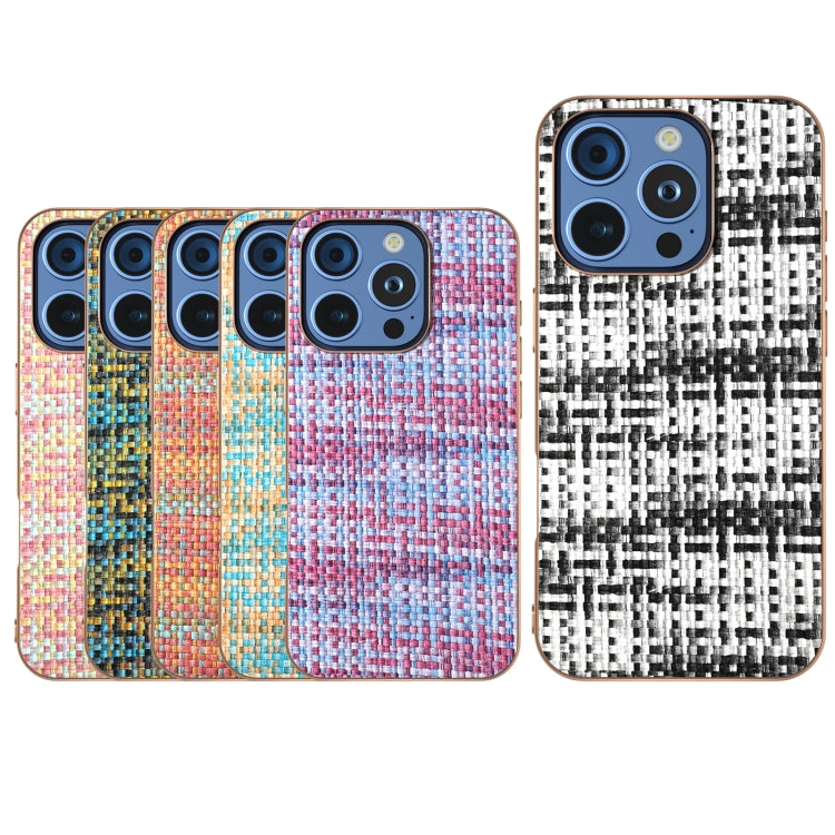 For iPhone 16 Pro Max Electroplated Frame Color Lattice Texture PU Phone Case(Gold) - iPhone 16 Pro Max Cases by buy2fix | Online Shopping UK | buy2fix