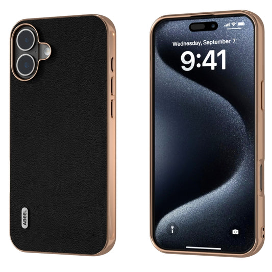 For iPhone 16 Plus ABEEL Electroplated Frame Genuine Leather Wave Phone Case(Black) - iPhone 16 Plus Cases by buy2fix | Online Shopping UK | buy2fix