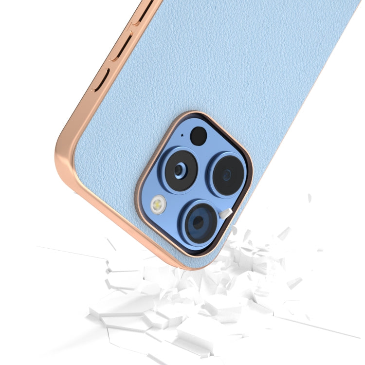 For iPhone 16 Pro ABEEL Electroplating Frame Genuine Leather Wave Phone Case(Blue) - iPhone 16 Pro Cases by buy2fix | Online Shopping UK | buy2fix