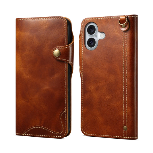 For iPhone 16 Plus Denior B01 Oil Wax Cowhide Magnetic Button Genuine Leather Case(Brown) - iPhone 16 Plus Cases by Denior | Online Shopping UK | buy2fix