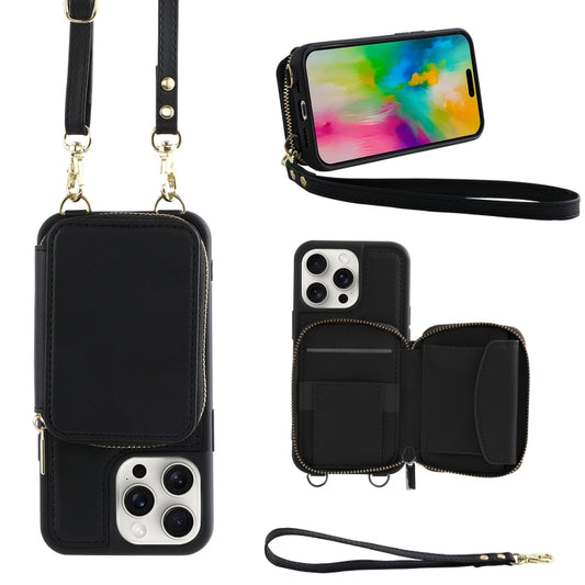 For iPhone 16 Pro Max Crossbody Zipper Wallet Bag Leather Phone Case with Lanyard(Black) - iPhone 16 Pro Max Cases by buy2fix | Online Shopping UK | buy2fix