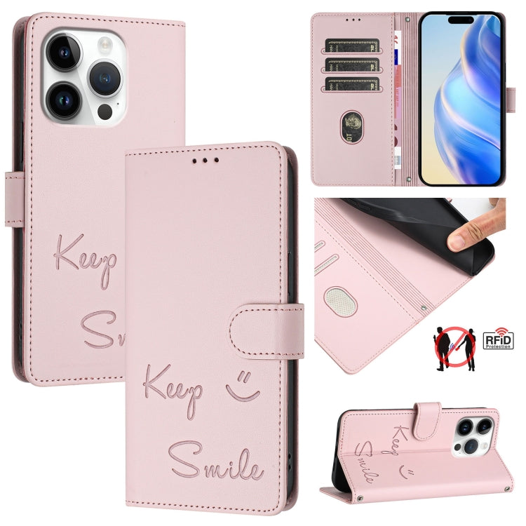 For iPhone 16 Pro Smile Embossing RFID Leather Phone Case(Pink) - iPhone 16 Pro Cases by buy2fix | Online Shopping UK | buy2fix