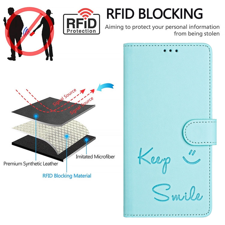 For iPhone 16 Smile Embossing RFID Leather Phone Case(Mint Green) - iPhone 16 Cases by buy2fix | Online Shopping UK | buy2fix