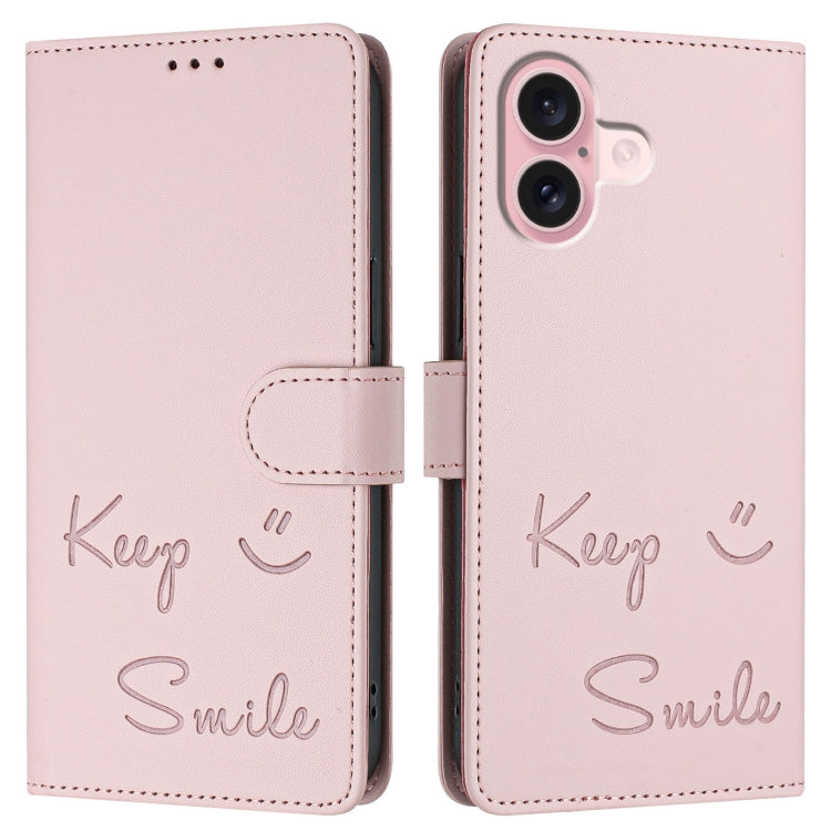 For iPhone 16 Smile Embossing RFID Leather Phone Case(Pink) - iPhone 16 Cases by buy2fix | Online Shopping UK | buy2fix