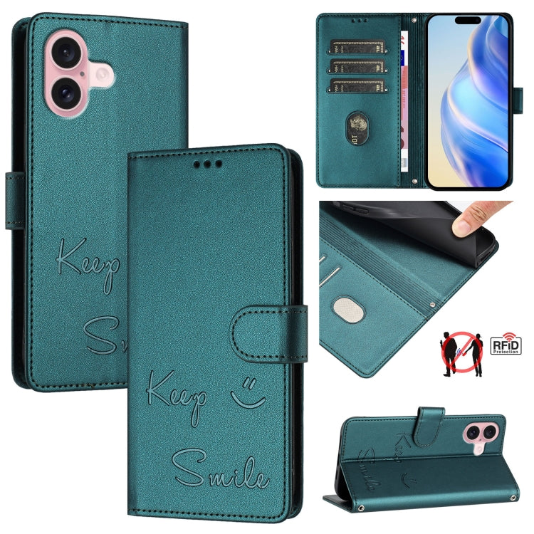 For iPhone 16 Smile Embossing RFID Leather Phone Case(Peacock Green) - iPhone 16 Cases by buy2fix | Online Shopping UK | buy2fix