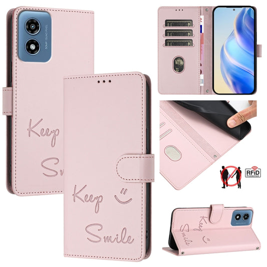 For Motorola Moto G Play 4G 2024 Global Smile Embossing RFID Leather Phone Case(Pink) - Motorola Cases by buy2fix | Online Shopping UK | buy2fix