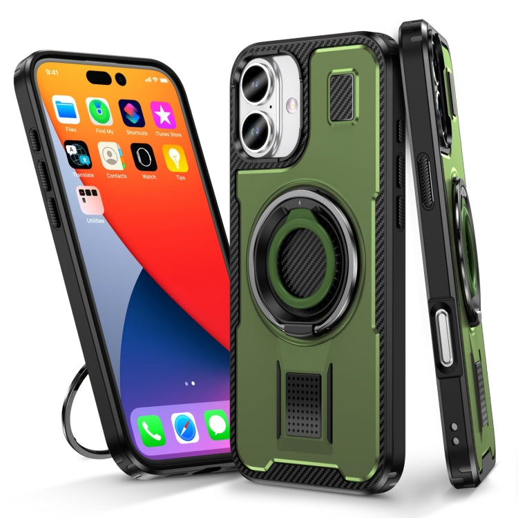 For iPhone 16 Ring Holder Carbon Fiber PC Hybrid TPU Phone Case(Army Green) - iPhone 16 Cases by buy2fix | Online Shopping UK | buy2fix