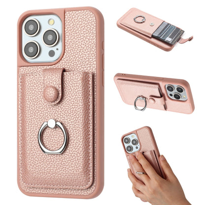 For iPhone 16 Pro Max Litchi Texture Drawing Card Bag Ring Holder Phone Case(Rose Gold) - iPhone 16 Pro Max Cases by buy2fix | Online Shopping UK | buy2fix