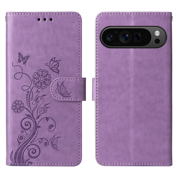 For Google Pixel 9 Pro XL Embossed Butterfly Flowers Leather Phone Case(Purple) - Google Cases by buy2fix | Online Shopping UK | buy2fix