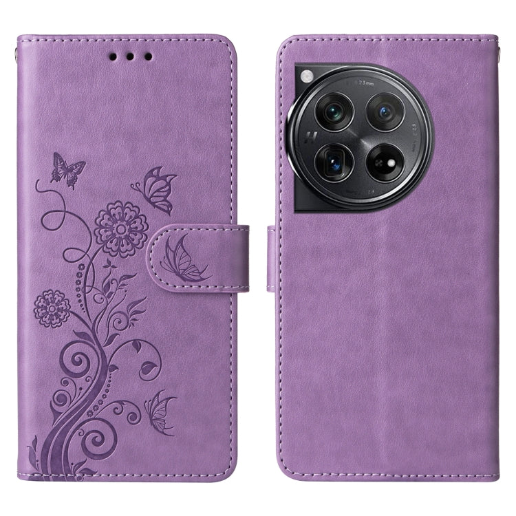 For OnePlus 12 Embossed Butterfly Flowers Leather Phone Case(Purple) - OnePlus Cases by buy2fix | Online Shopping UK | buy2fix