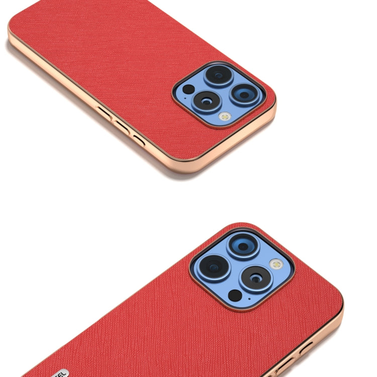 For iPhone 16 Pro ABEEL Electroplating Frame Cross Texture Genuine Leather Phone Case(Red) - iPhone 16 Pro Cases by buy2fix | Online Shopping UK | buy2fix