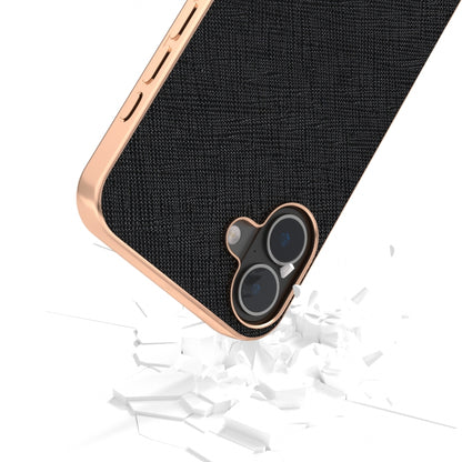 For iPhone 16 Plus ABEEL Electroplating Frame Cross Texture Genuine Leather Phone Case(Black) - iPhone 16 Plus Cases by buy2fix | Online Shopping UK | buy2fix