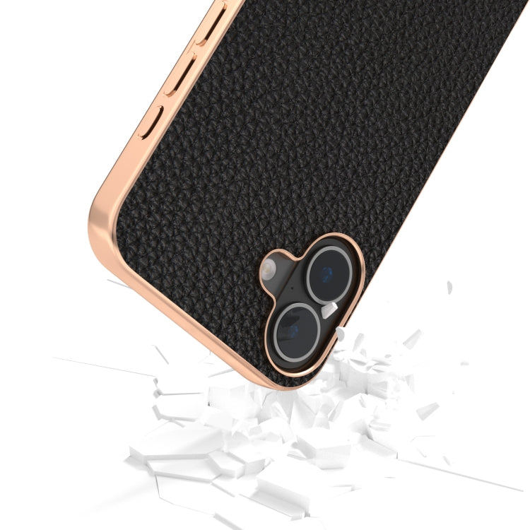 For iPhone 16 ABEEL Electroplating Frame Genuine Leather Litchi Texture Phone Case(Black) - iPhone 16 Cases by buy2fix | Online Shopping UK | buy2fix