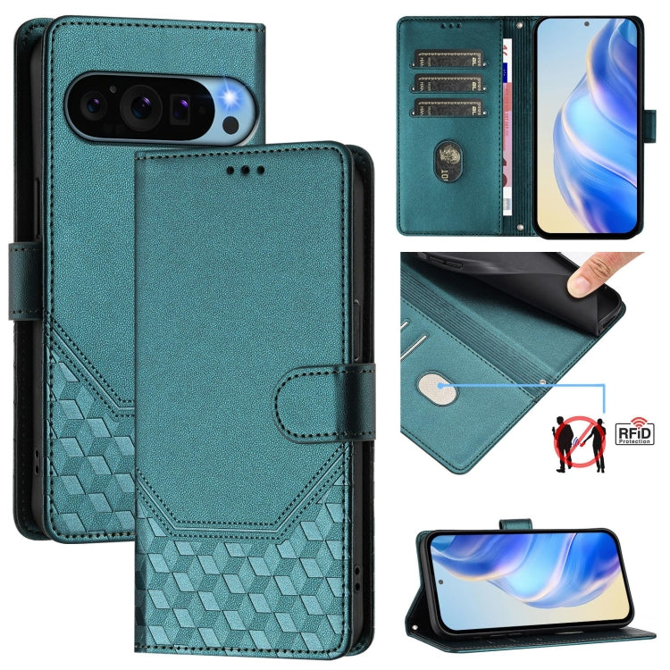 For Google Pixel 9 / 9 Pro Honeycomb Embossing RFID Leather Phone Case(Peacock Green) - Google Cases by buy2fix | Online Shopping UK | buy2fix