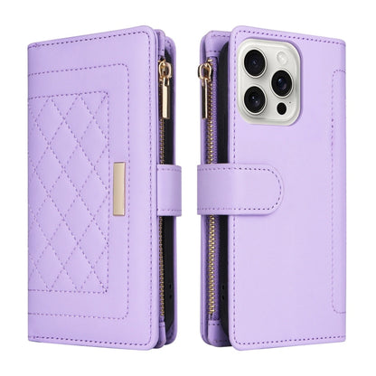 For iPhone 16 Pro Max Crossbody Zipper Wallet Rhombus Leather Phone Case(Purple) - iPhone 16 Pro Max Cases by buy2fix | Online Shopping UK | buy2fix