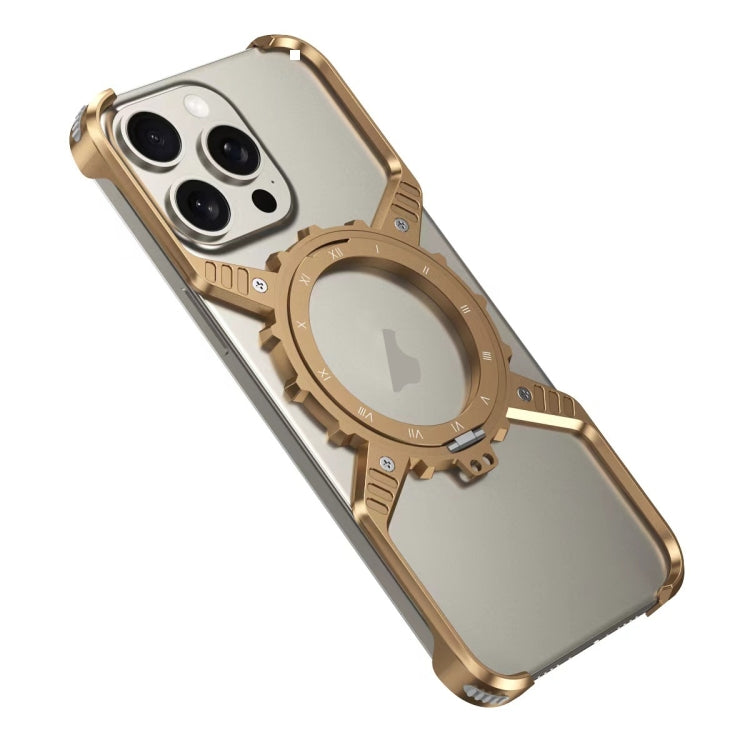 For iPhone 16 Pro Mechanical Gear MagSafe Holder Borderless Metal Phone Case(Gold) - iPhone 16 Pro Cases by buy2fix | Online Shopping UK | buy2fix