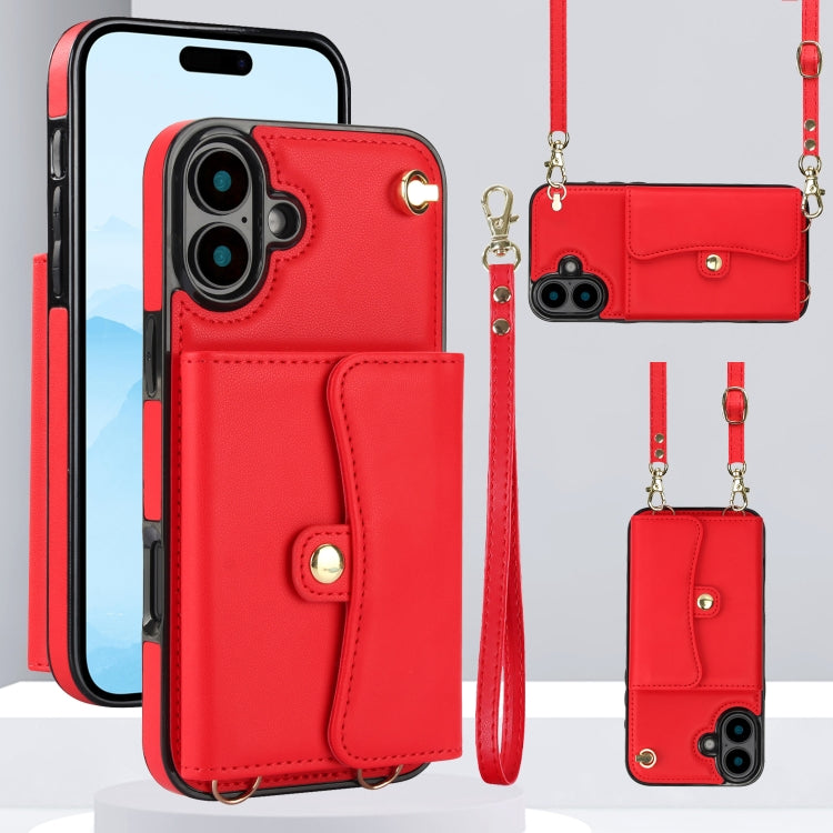 For iPhone 16 RFID Card Slot Phone Case with Long Lanyard(Red) - iPhone 16 Cases by buy2fix | Online Shopping UK | buy2fix