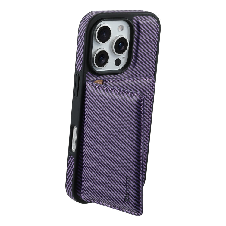 For iPhone 16 Pro Max Denior Carbon Fiber Texture Leather Card Bag MagSafe Phone Case(Purple) - iPhone 16 Pro Max Cases by Denior | Online Shopping UK | buy2fix