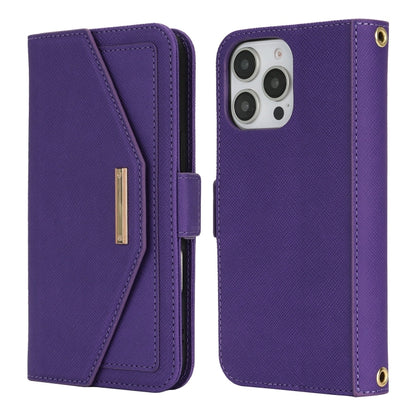 For iPhone 16 Pro Cross Texture Crossbody Lanyard Leather Phone Case(Purple) - iPhone 16 Pro Cases by buy2fix | Online Shopping UK | buy2fix