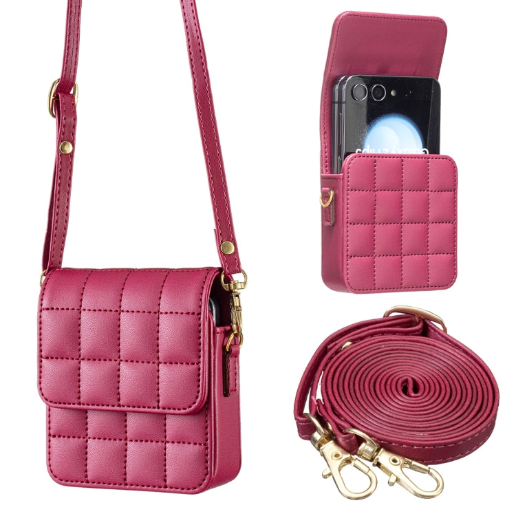 For Samsung Galaxy Z Flip6 BFB04 Plaid Crossbody Fold Phone Bag(Rose Red) -  by buy2fix | Online Shopping UK | buy2fix