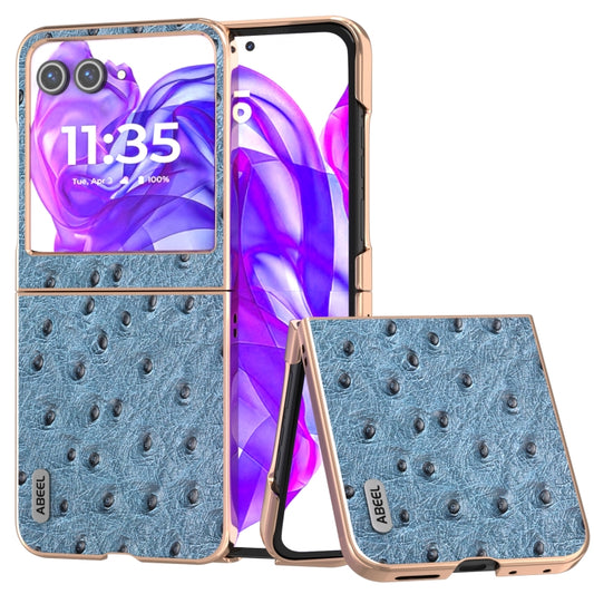 For Motorola Razr 50 ABEEL Electroplating Frame Genuine Leather Ostrich Texture Phone Case(Dark Blue) - Motorola Cases by buy2fix | Online Shopping UK | buy2fix