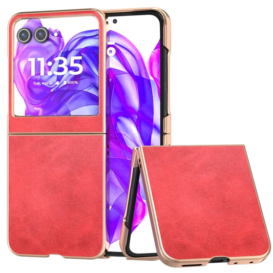 For Motorola Razr 50 Nano Electroplating Dual Color Cowhide Texture Protective Phone Case(Red) - Motorola Cases by buy2fix | Online Shopping UK | buy2fix