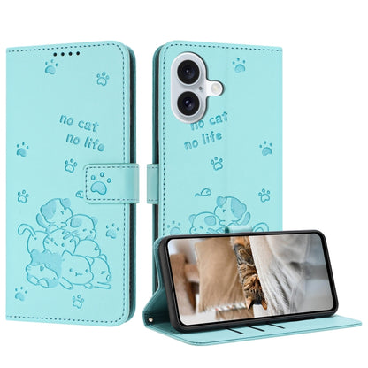 For iPhone 16 Plus Embossed Kitten Phone Leather Case with Lanyard(Mint Green) - iPhone 16 Plus Cases by buy2fix | Online Shopping UK | buy2fix