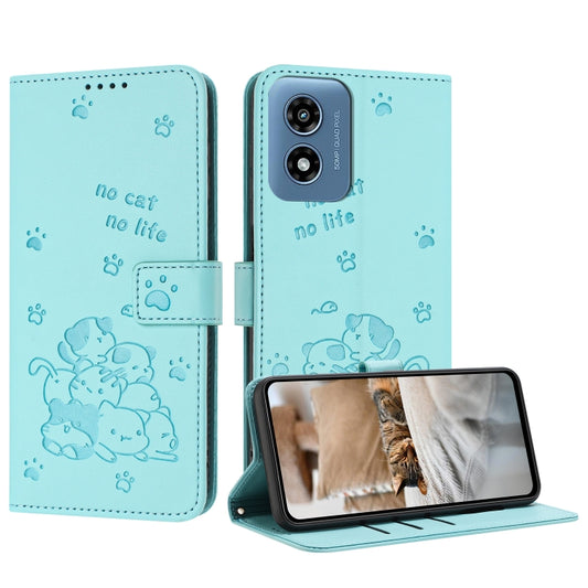 For Motorola Moto G Play 4G 2024 Embossed Kitten Phone Leather Case with Lanyard(Mint Green) - Motorola Cases by buy2fix | Online Shopping UK | buy2fix