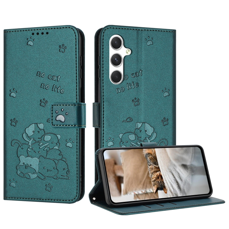 For Samsung Galaxy S25 / S24 5G Embossed Kitten Phone Leather Case with Lanyard(Dark Green) - Galaxy S24 5G Cases by buy2fix | Online Shopping UK | buy2fix