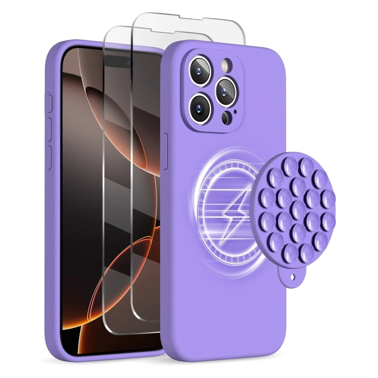 For iPhone 16 Pro Silicone Suction Cup MagSafe Phone Case with Screen Film(Purple) - iPhone 16 Pro Cases by buy2fix | Online Shopping UK | buy2fix