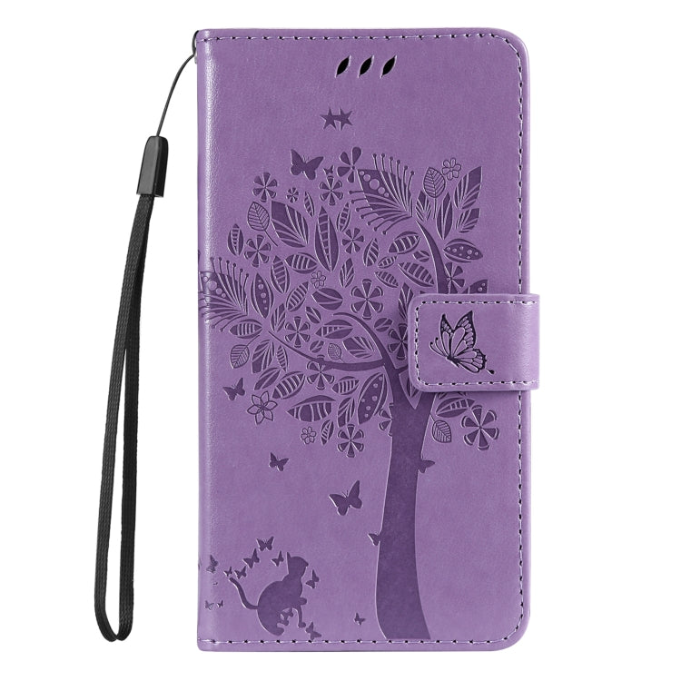 For Samsung Galaxy S25 / S24 5G Tree & Cat Embossed Pattern Flip Leather Phone Case(Light Purple) - Galaxy S25 5G Cases by buy2fix | Online Shopping UK | buy2fix