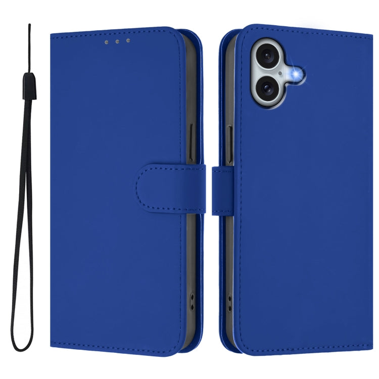 For iPhone 16 Plus Skin Feel Solid Color Leather Phone Case with Lanyard(Dark Blue) - iPhone 16 Plus Cases by buy2fix | Online Shopping UK | buy2fix