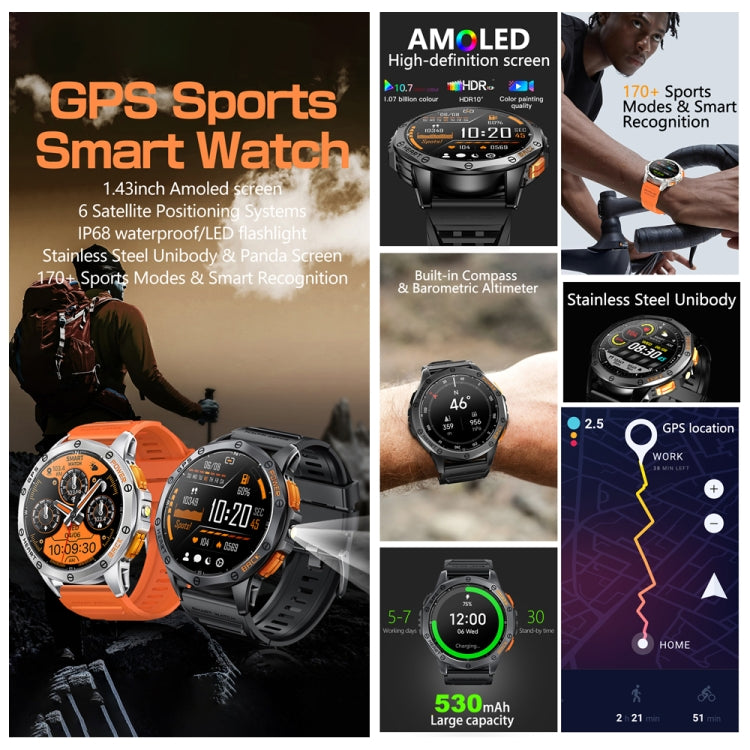 LEMFO K67 1.43 inch AMOLED Screen GPS Sports Smart Watch, Support Bluetooth Call / Health Monitoring(Silver Orange) - Smart Watches by LEMFO | Online Shopping UK | buy2fix