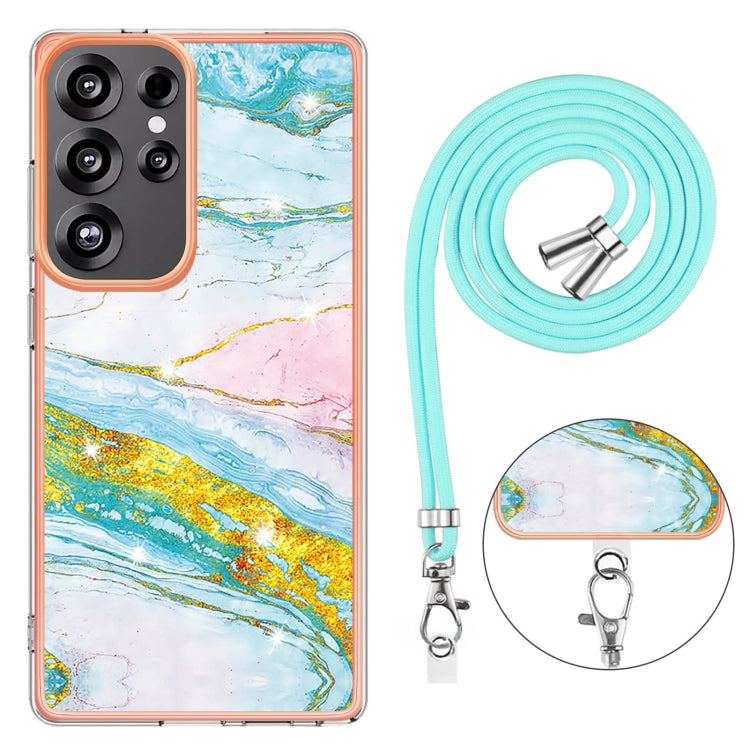 For Samsung Galaxy S25 Ultra 5G Electroplating Marble Dual-side IMD Phone Case with Lanyard(Green 004) - Galaxy S25 Ultra 5G Cases by buy2fix | Online Shopping UK | buy2fix