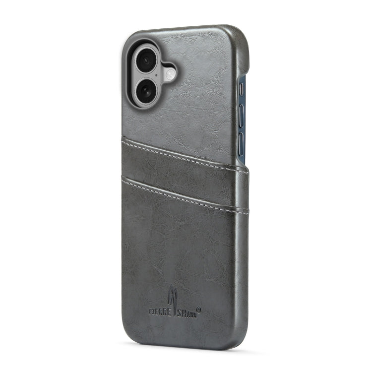 For iPhone 16 Fierre Shann Retro Oil Wax Texture Card Slots PU Leather Phone Case(Grey) - iPhone 16 Cases by FIERRE SHANN | Online Shopping UK | buy2fix