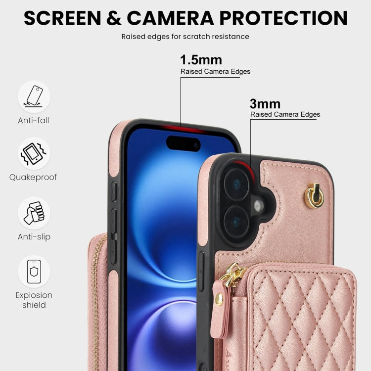 For iPhone 16 Plus AwQuer Crossbody Zipper Wallet Rhombic Leather Back Phone Case(Rose Gold) - iPhone 16 Plus Cases by Awquer | Online Shopping UK | buy2fix