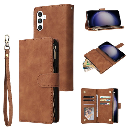 For Samsung Galaxy S25 5G Multifunctional Frosted Zipper Wallet Leather Phone Case(Brown) - Galaxy S25 5G Cases by buy2fix | Online Shopping UK | buy2fix