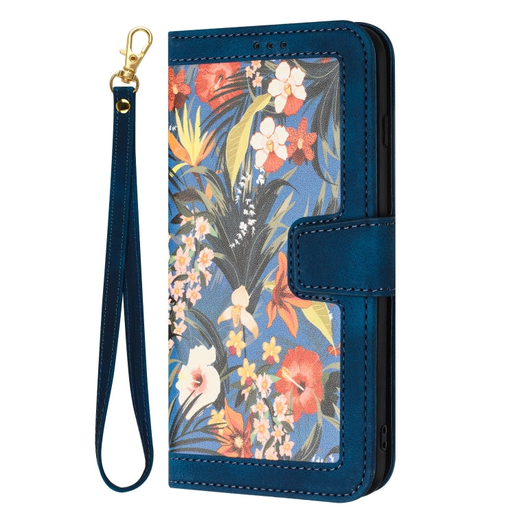 For Samsung Galaxy S25 Ultra 5G Floral Pattern Leather Phone Case with Lanyard(Dark Blue) - Galaxy S25 Ultra 5G Cases by buy2fix | Online Shopping UK | buy2fix