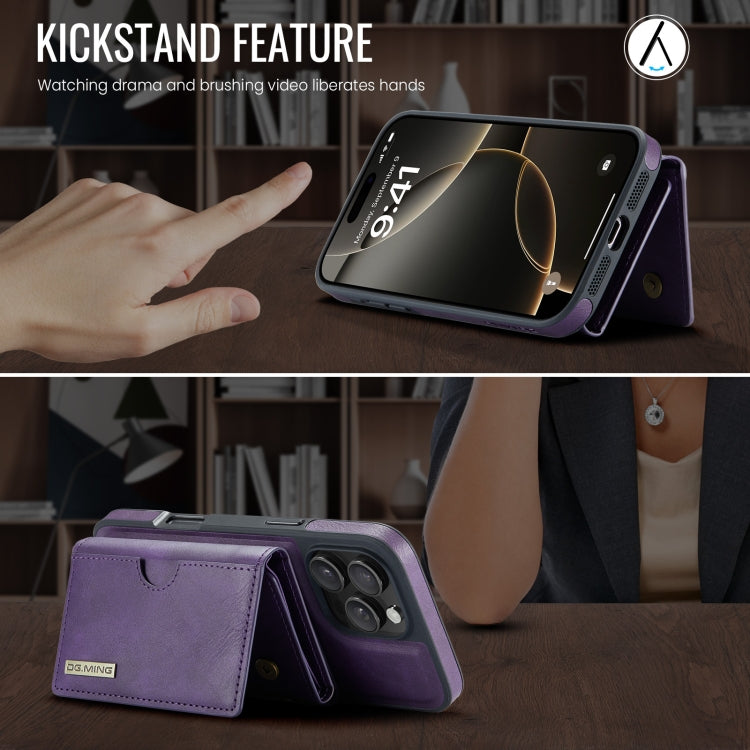 For iPhone 16 Pro Max DG.MING M6 Series RFID Tri-fold Card Bag Removable Leather Phone Case(Purple) - iPhone 16 Pro Max Cases by DG.MING | Online Shopping UK | buy2fix