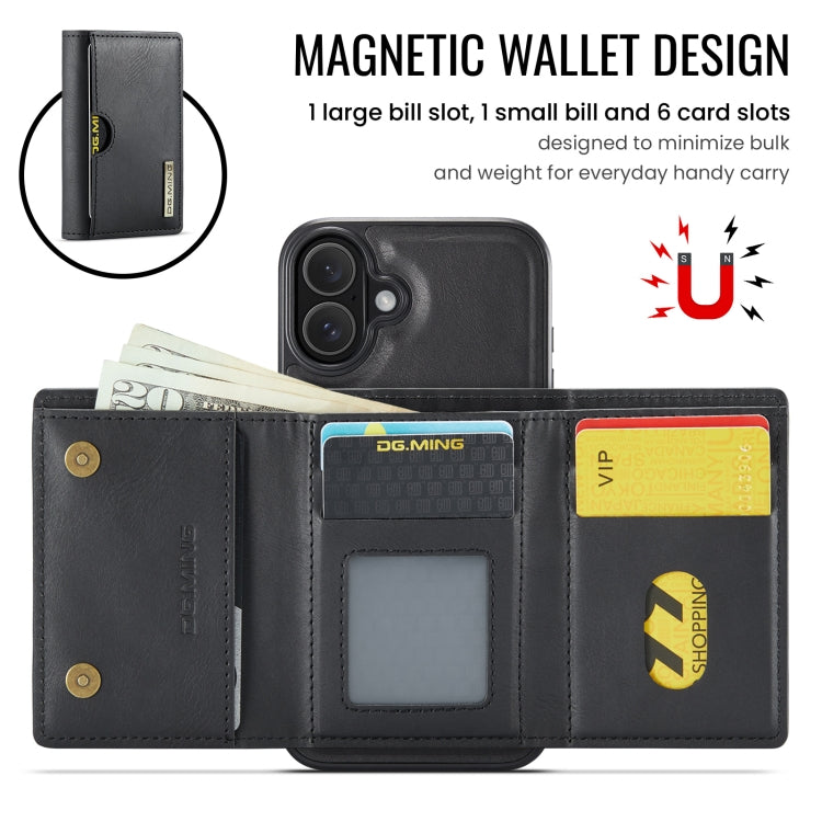 For iPhone 16 DG.MING M6 Series RFID Tri-fold Card Bag Removable Leather Phone Case(Black) - iPhone 16 Cases by DG.MING | Online Shopping UK | buy2fix