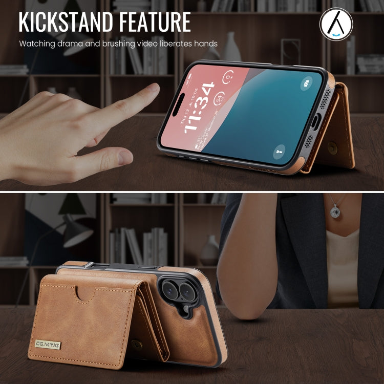 For iPhone 16 DG.MING M6 Series RFID Tri-fold Card Bag Removable Leather Phone Case(Brown) - iPhone 16 Cases by DG.MING | Online Shopping UK | buy2fix