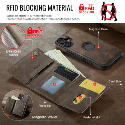 For iPhone 16 DG.MING M6 Series RFID Tri-fold Card Bag Removable Leather Phone Case(Coffee) - iPhone 16 Cases by DG.MING | Online Shopping UK | buy2fix