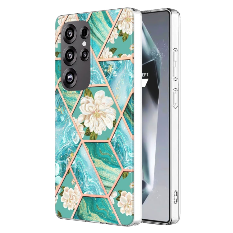 For Samsung Galaxy S25 Ultra 5G Splicing Marble Flower IMD TPU Phone Case(Blue Flower) - Galaxy S25 Ultra 5G Cases by buy2fix | Online Shopping UK | buy2fix