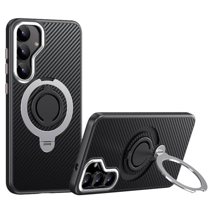 For Samsung Galaxy S25 5G Carbon Fiber MagSafe Phone Case with 360 Degree Rotating Holder(Black Silver) - Galaxy S25 5G Cases by buy2fix | Online Shopping UK | buy2fix