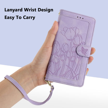 For Samsung Galaxy S25 5G Tulips Embossed Leather Phone Case with Lanyard(Purple) - Galaxy S25 5G Cases by buy2fix | Online Shopping UK | buy2fix