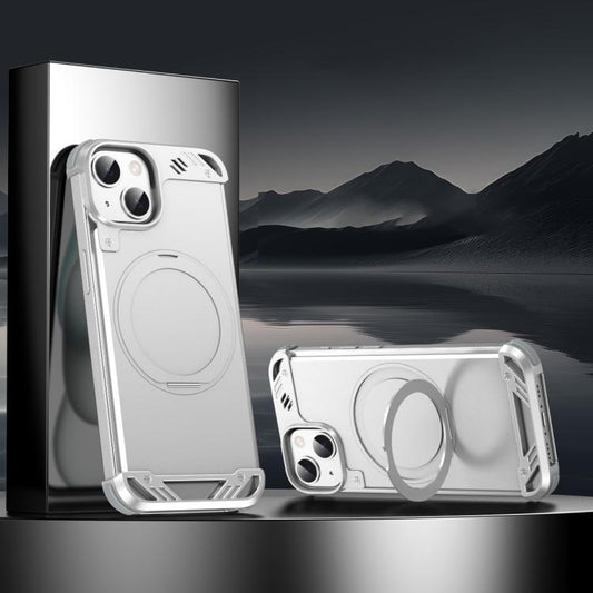 For iPhone 15 R-JUST RJ63-1 Frameless Aroma Mecha MagSafe Holder Phone Case(Silver) - iPhone 15 Cases by R-JUST | Online Shopping UK | buy2fix