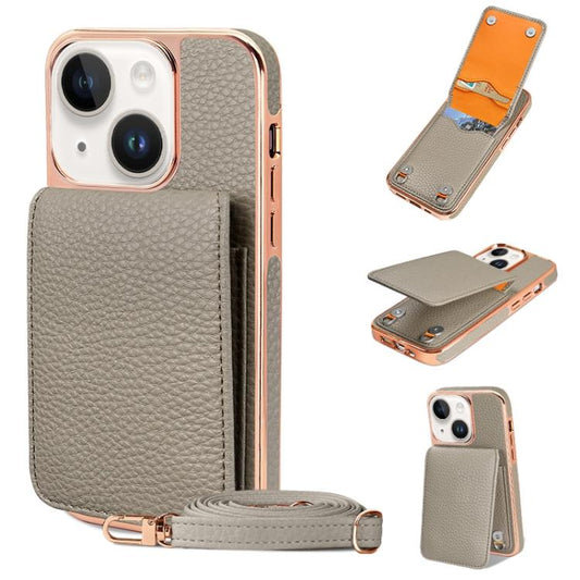 For iPhone 14 Plus VIETAO Litchi Texture Wallet PU Phone Case with Lanyard(Grey) - iPhone 14 Plus Cases by VIETAO | Online Shopping UK | buy2fix