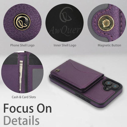 For iPhone 16 Plus AwQuer Horizontal Flip Card Bag Holder Leather Phone Case(Dark Purple) - iPhone 16 Plus Cases by Awquer | Online Shopping UK | buy2fix